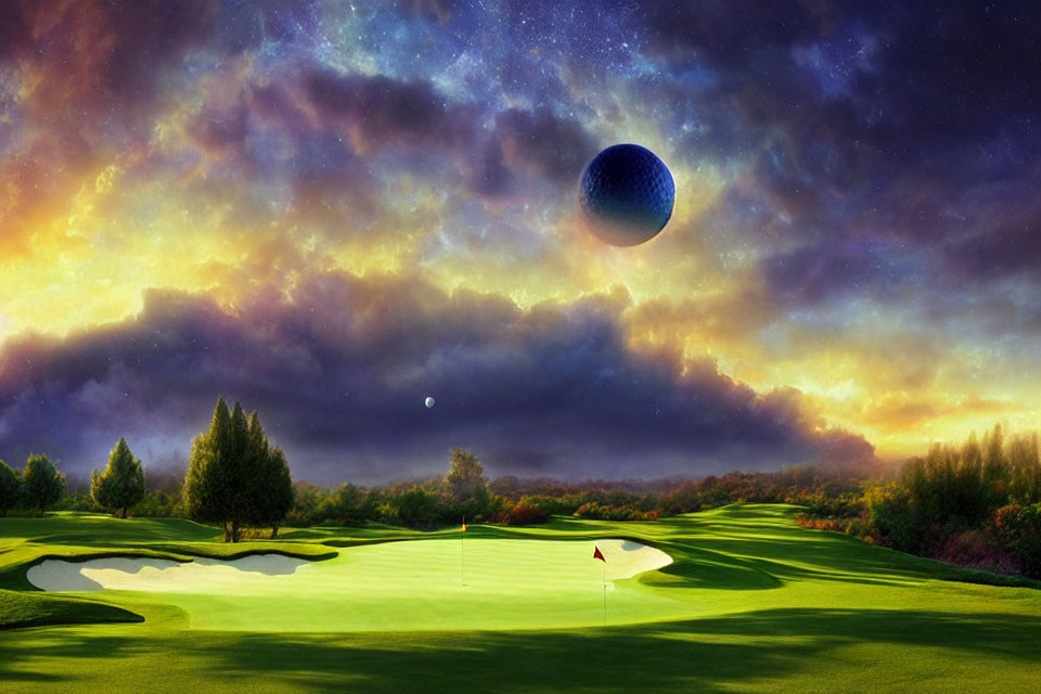 Surreal golf course with oversized ball under cosmic sky