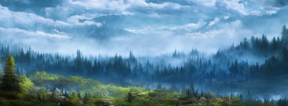 Serene misty evergreen forest under cloud-covered sky