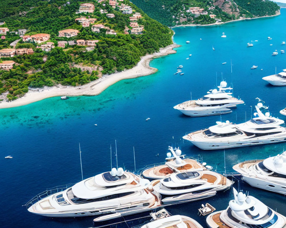 Luxury yachts moored near coastal resort with lush greenery and turquoise bay