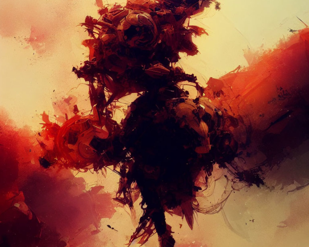 Abstract art with warm tones and central dark bouquet figure.