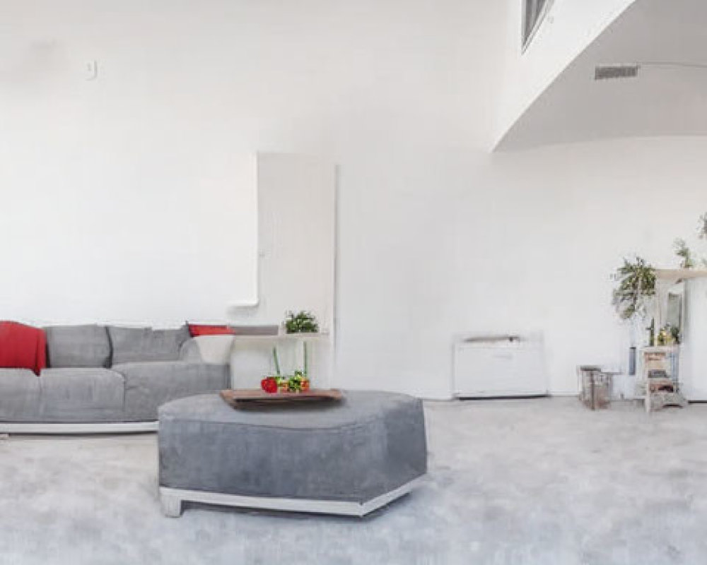 Modern Living Room with Gray Sectional Sofa and Open Kitchen