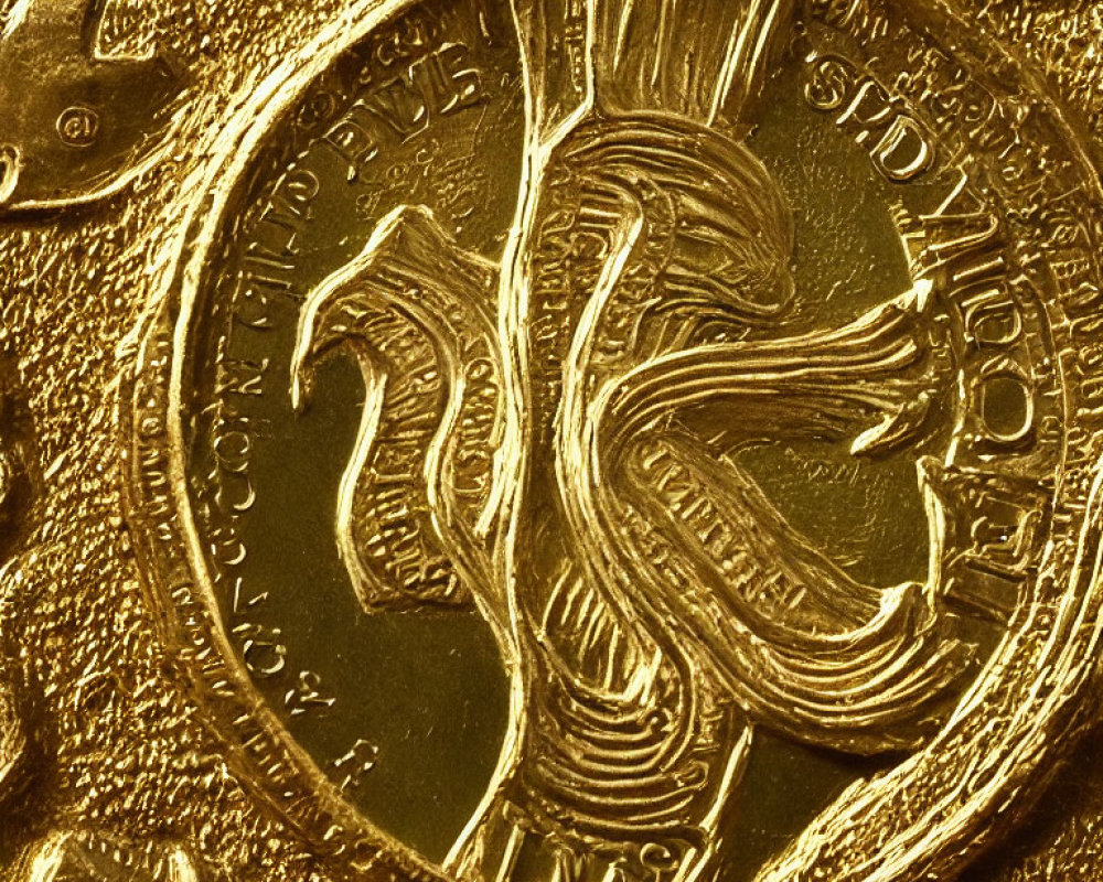 Detailed golden coin with embossed designs and central symbol featuring wavy lines