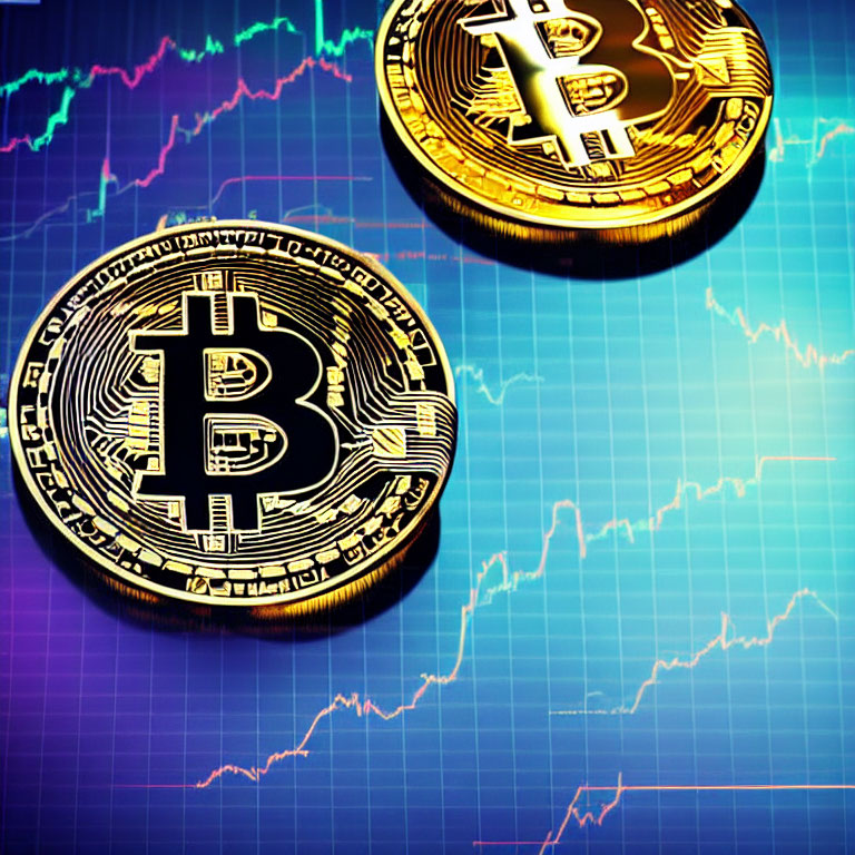 Golden Bitcoin tokens on stock market graphs background.