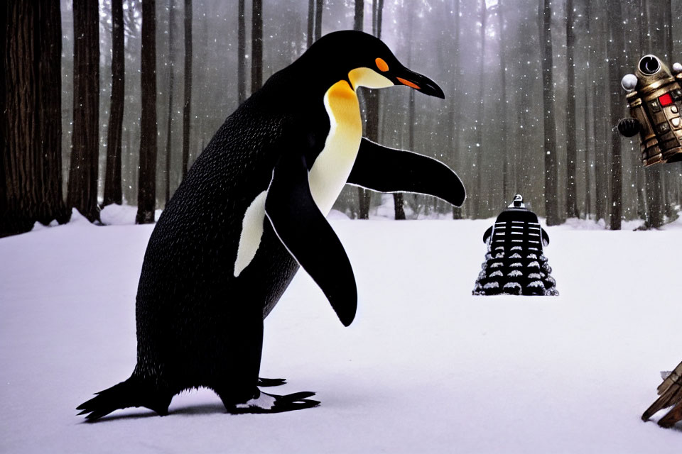 Penguin with Two Dalek Robots in Snowy Forest