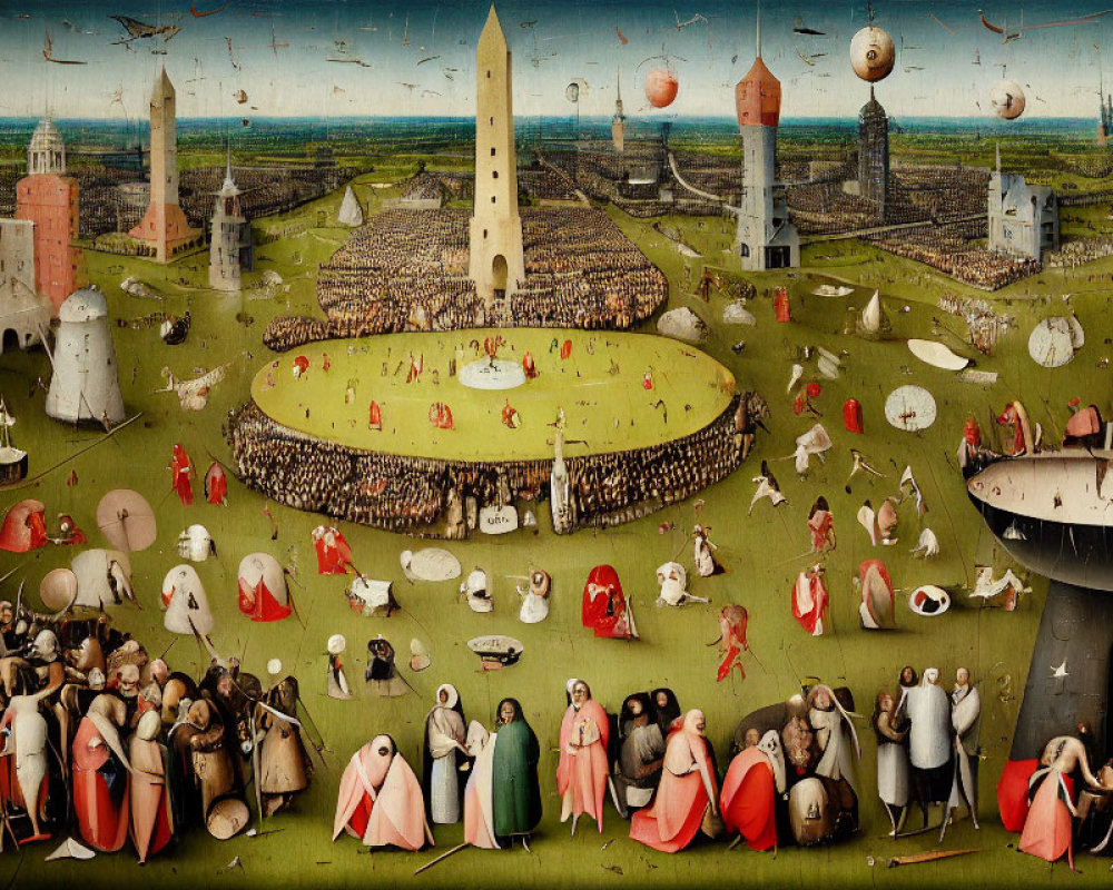 Surreal panoramic painting of bizarre and fantastical scenes