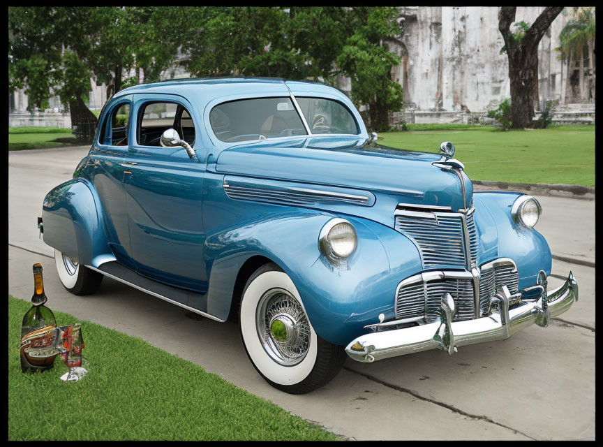 Vintage Blue Car Parked with Cognac Bottle and Glass in Front of White Building