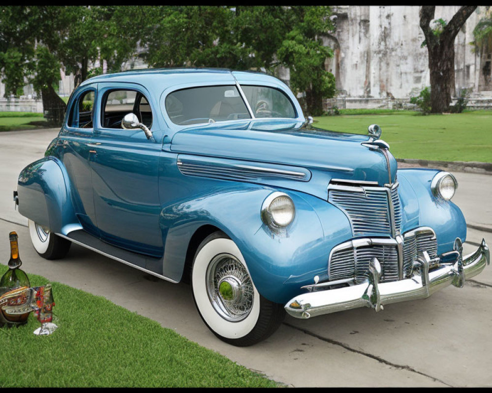 Vintage Blue Car Parked with Cognac Bottle and Glass in Front of White Building