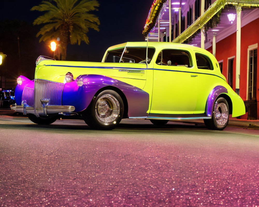 Vibrant Yellow Classic Car with Purple Highlights at Night