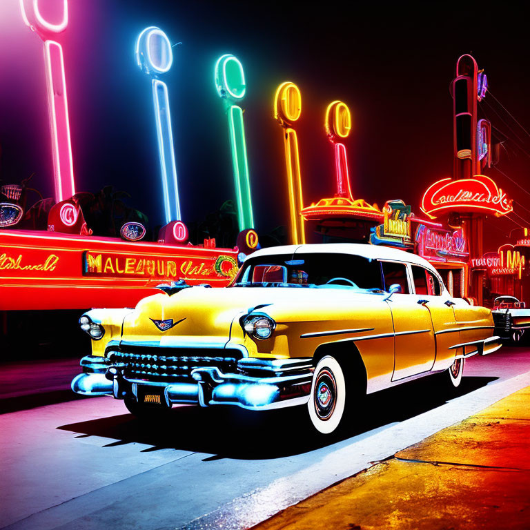 Vintage Yellow Car Parked on Neon-Lit Street with Colorful Retro Signs