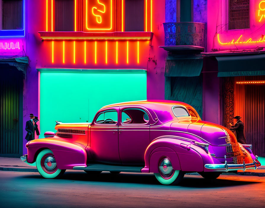 Vintage purple car on lively street at dusk