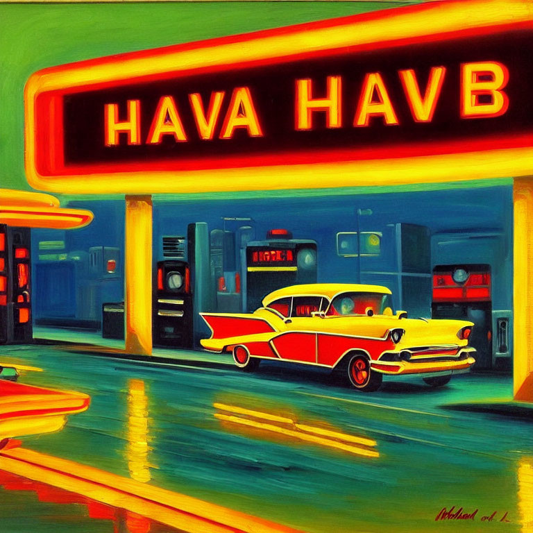 Vibrant painting of classic car at retro gas station with neon sign