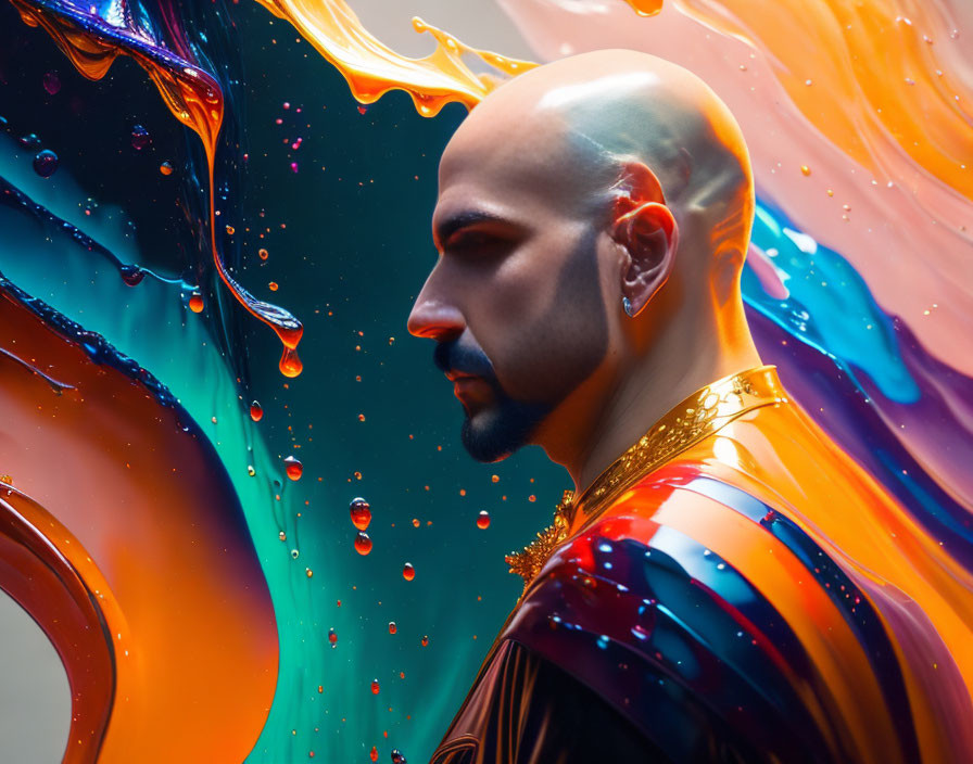 Bald Person with Earpiece in Vibrant Swirling Colors