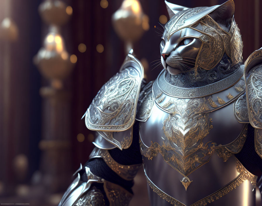 Anthropomorphic cat in medieval knight armor in grand hall.