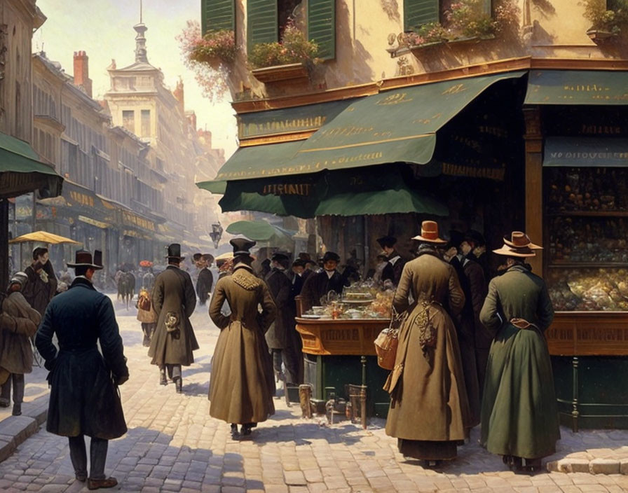 19th-Century Street Scene with Fruit Stands and European Architecture