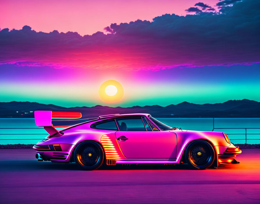 Classic sports car parked against pink and purple sunset backdrop by lake and mountains