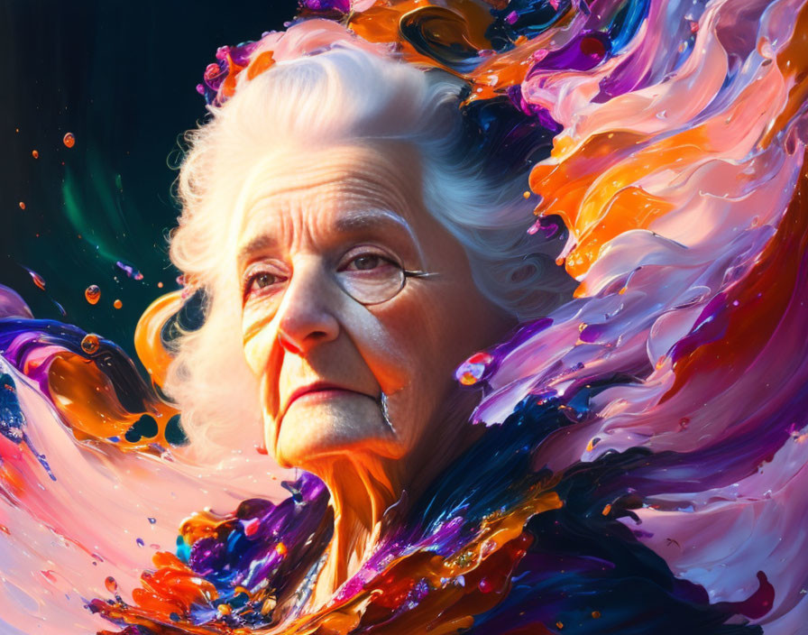 Abstract painting of elderly woman with vibrant swirling paint design