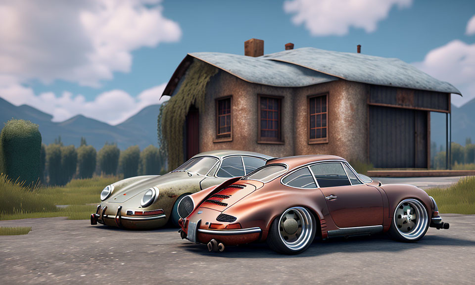 Vintage cars parked in front of old house with thatched roof in serene countryside.