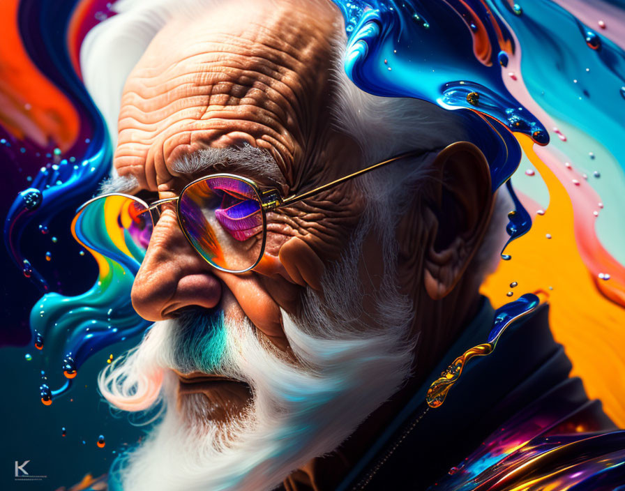 Elderly man with white hair and beard in glasses with colorful reflections