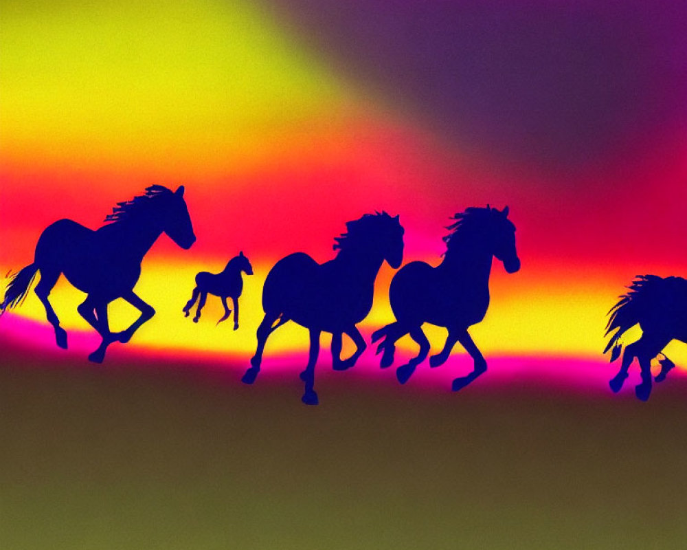 Silhouetted horses on vibrant gradient backdrop in yellow, purple, and red hues