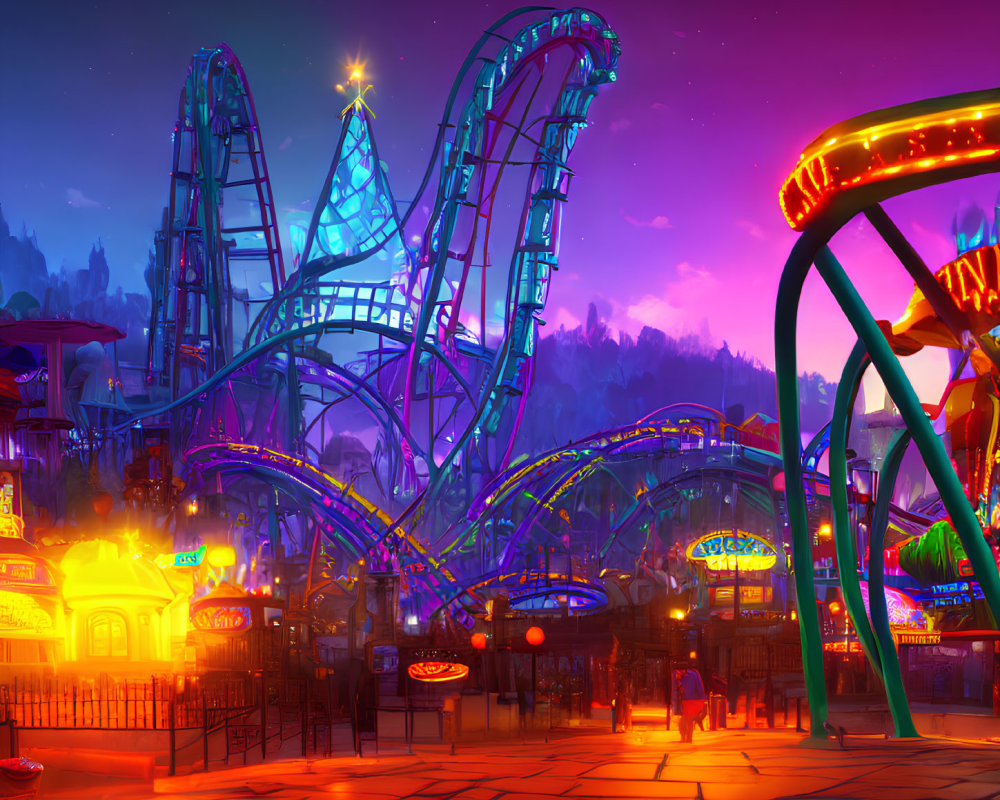 Colorful roller coasters in twilight amusement park illustration