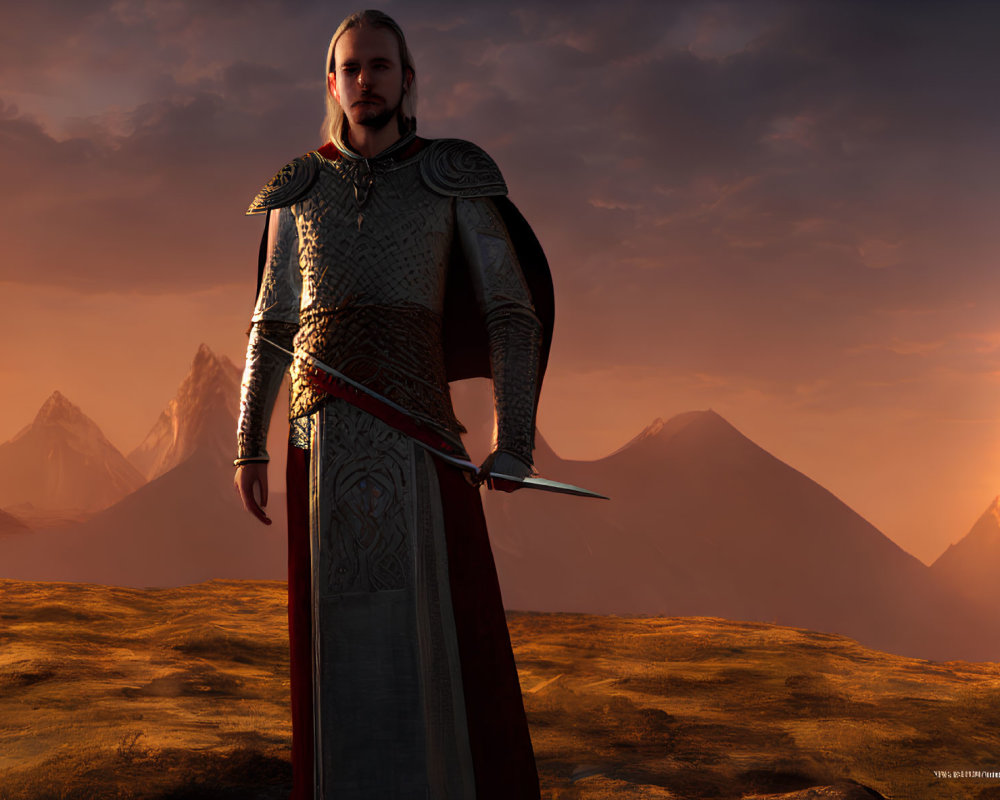 Medieval knight in armor with sword in mountain landscape at sunset