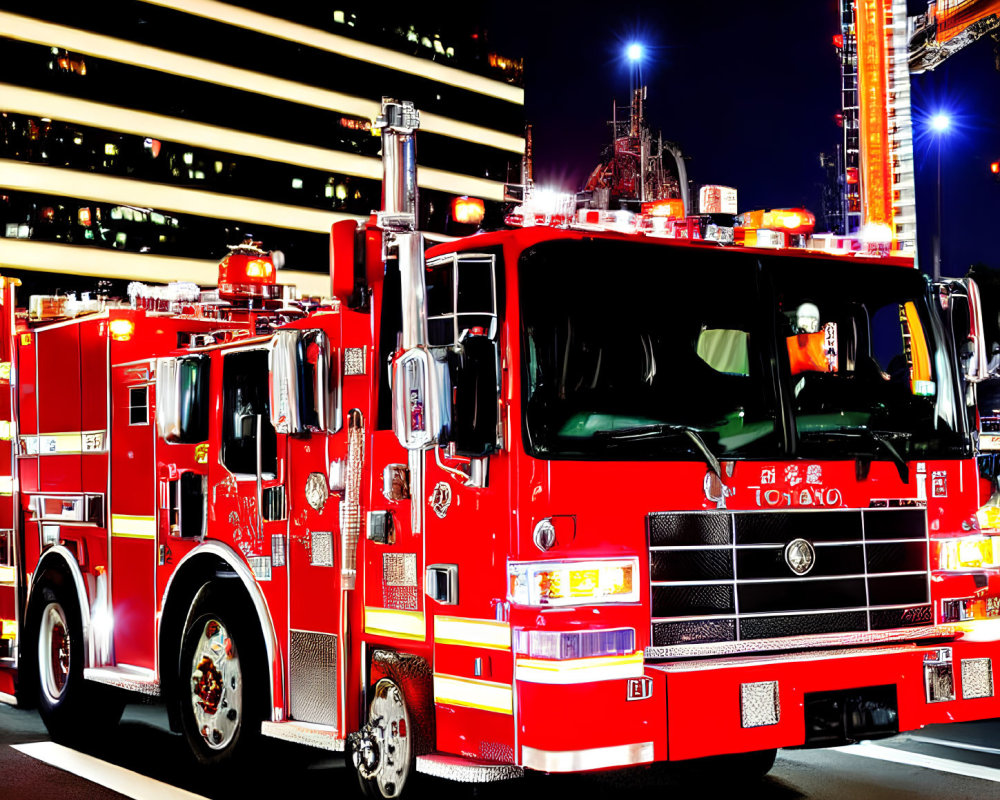 Red Fire Truck Parked at Night with Lights On, Reflective Surfaces, and Illuminated Buildings