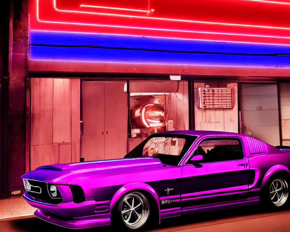 Purple Vintage Mustang Parked Under Neon Lights in Urban Night Scene