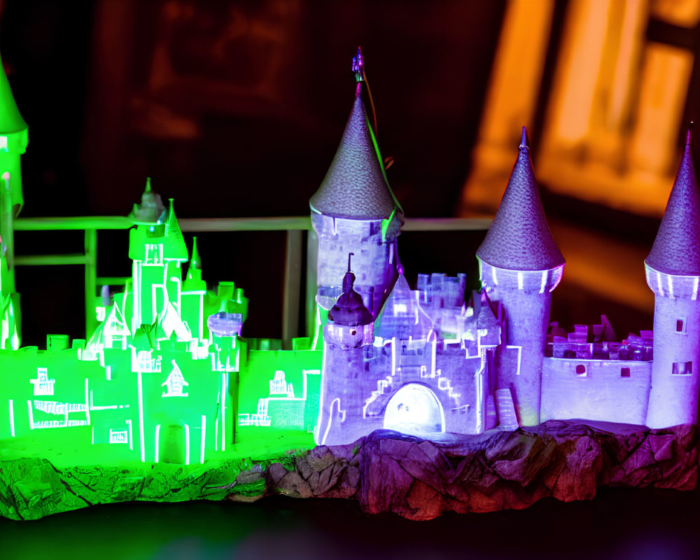 Miniature castle with vibrant green and purple lighting on dark background