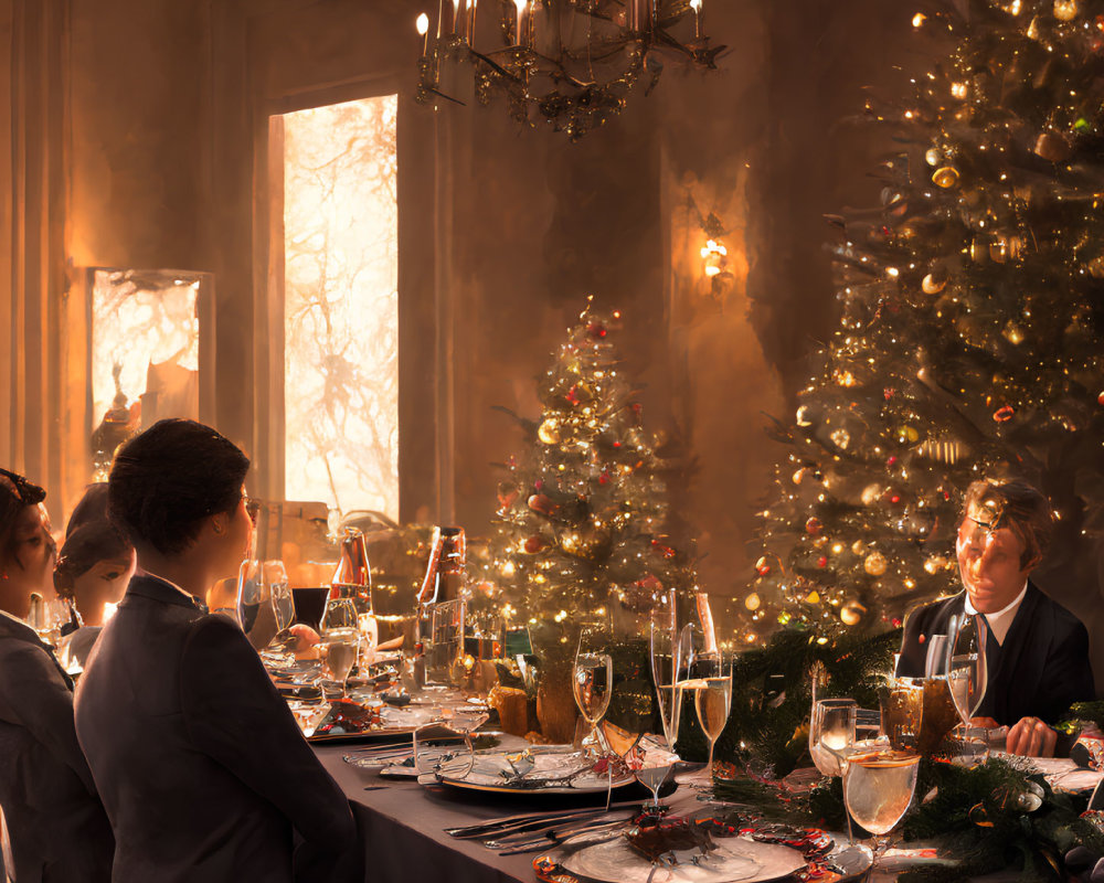 Festive Christmas dinner table with elegant decor and warm lighting