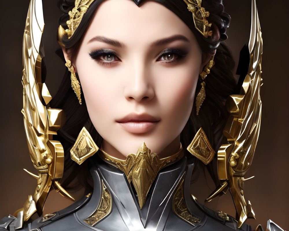 Portrait of woman with striking makeup in golden headgear and armor on dark background