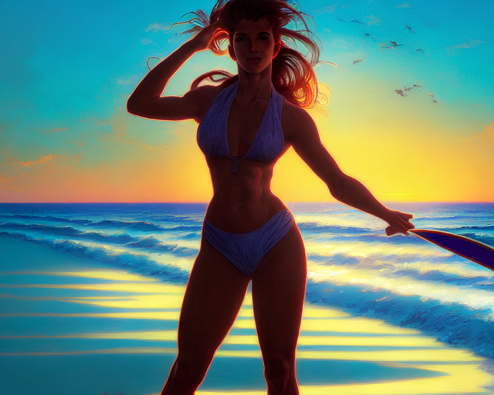 Woman in bikini with frisbee on beach at sunset with waves and birds