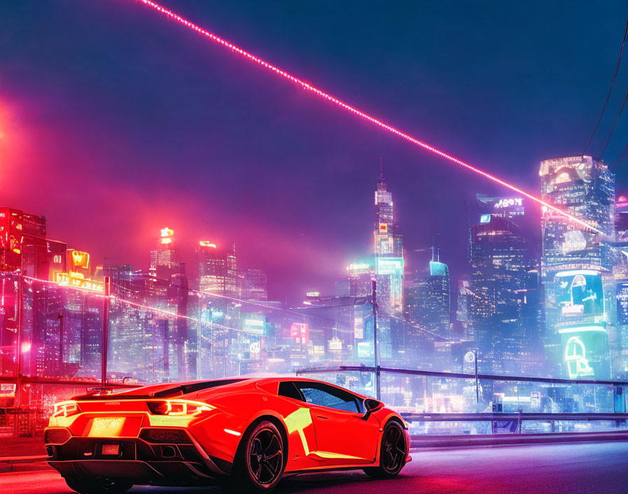 Red Sports Car Parked on City Street at Night with Neon Lights