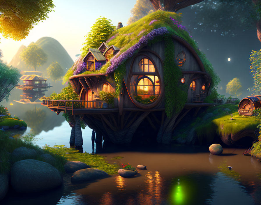 Whimsical cottage with lush greenery and purple flowers by serene waterbody at twilight