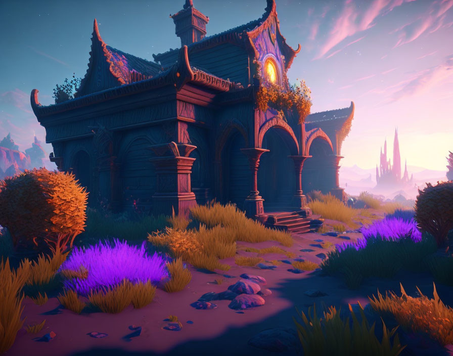 Mystical twilight scene with Gothic-style building and glowing purple flora