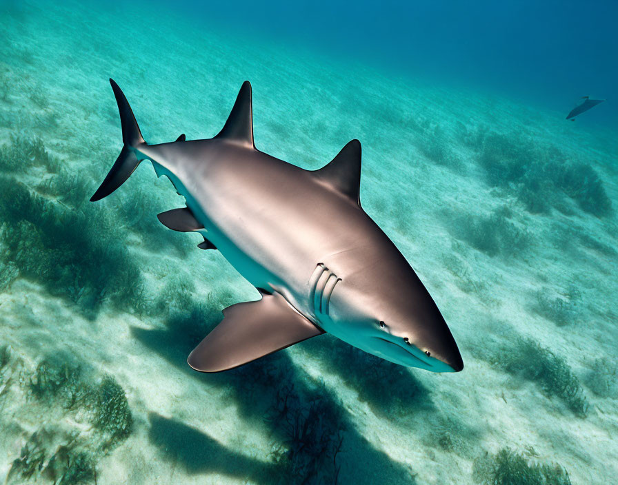 Underwater Scene: Shark Swimming in Clear Blue Water