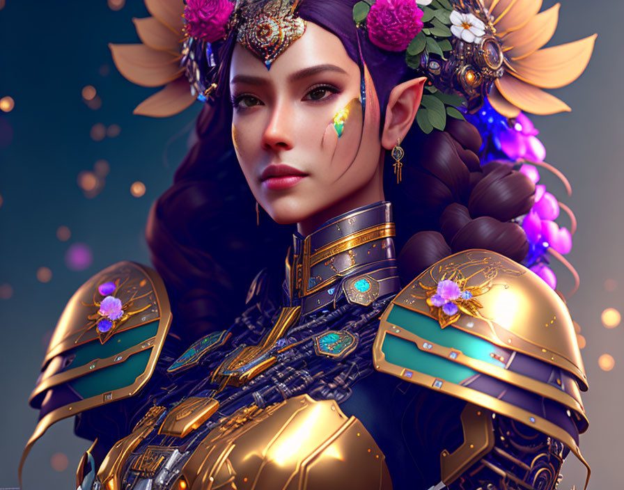 Fantasy female character in golden armor with flowers and gems