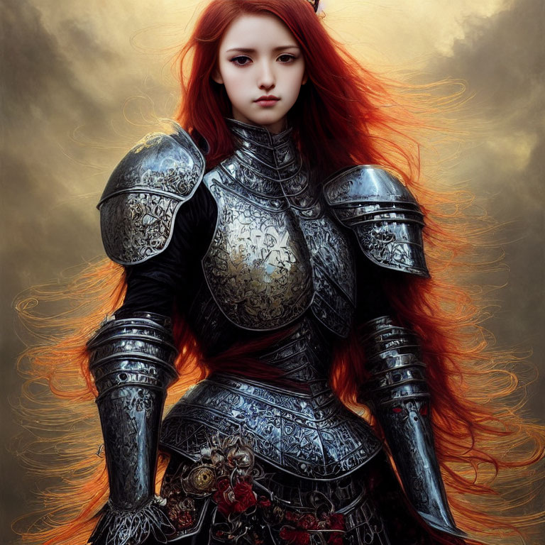 Striking red-haired woman in ornate black armor against cloudy backdrop