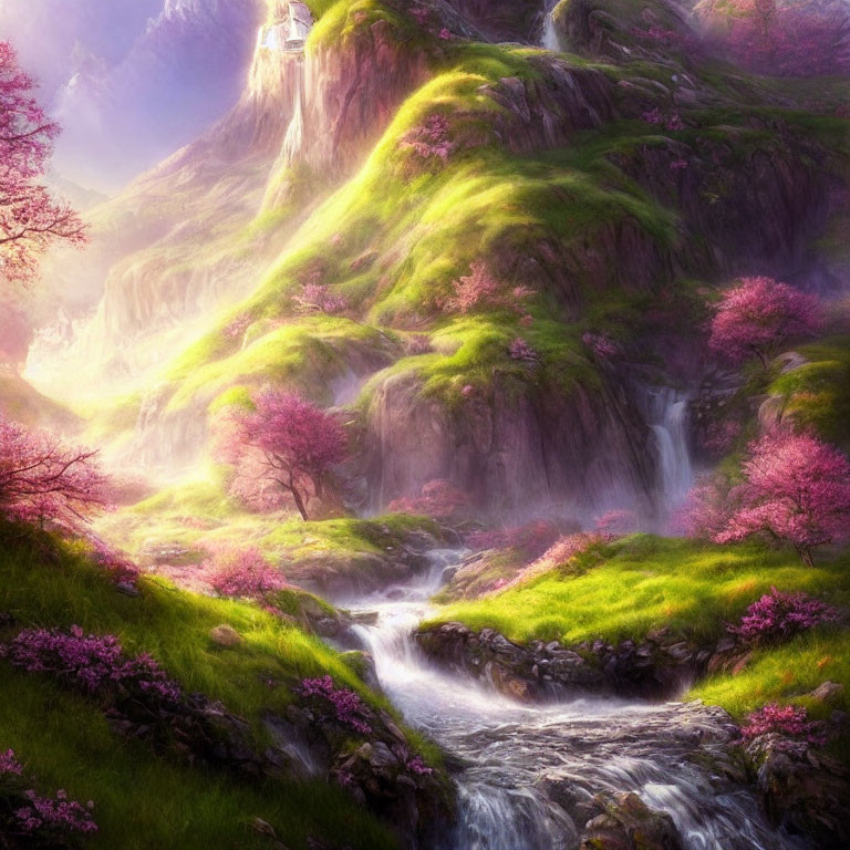 Lush fantasy landscape with waterfall and pink trees