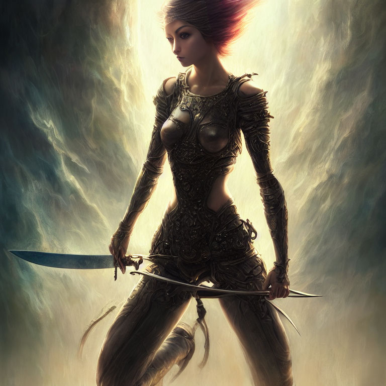 Female warrior in ornate armor wields swords against dramatic backdrop