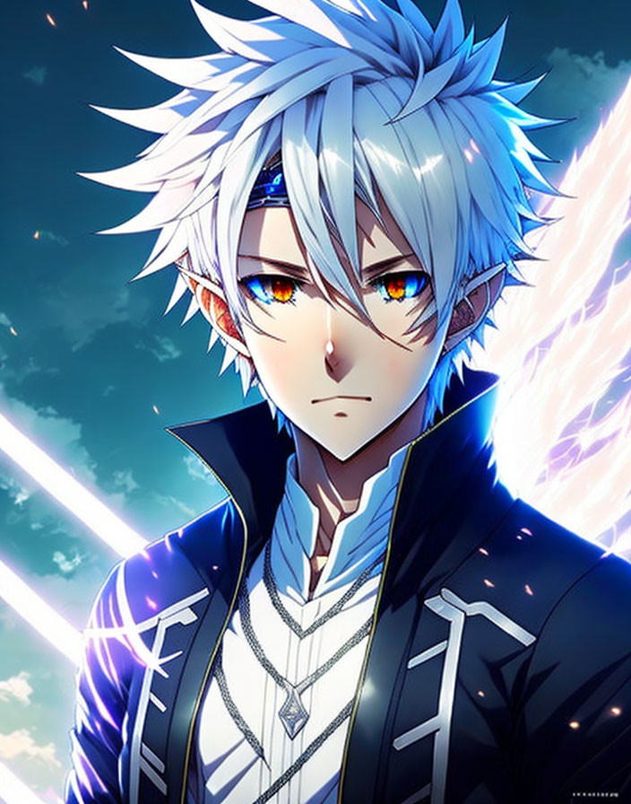 Spiky White-Haired Animated Character in Black Jacket with Multicolored Eyes against Dramatic Sky