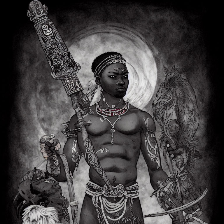 Monochromatic illustration of fierce warrior with staff and sword under full moon