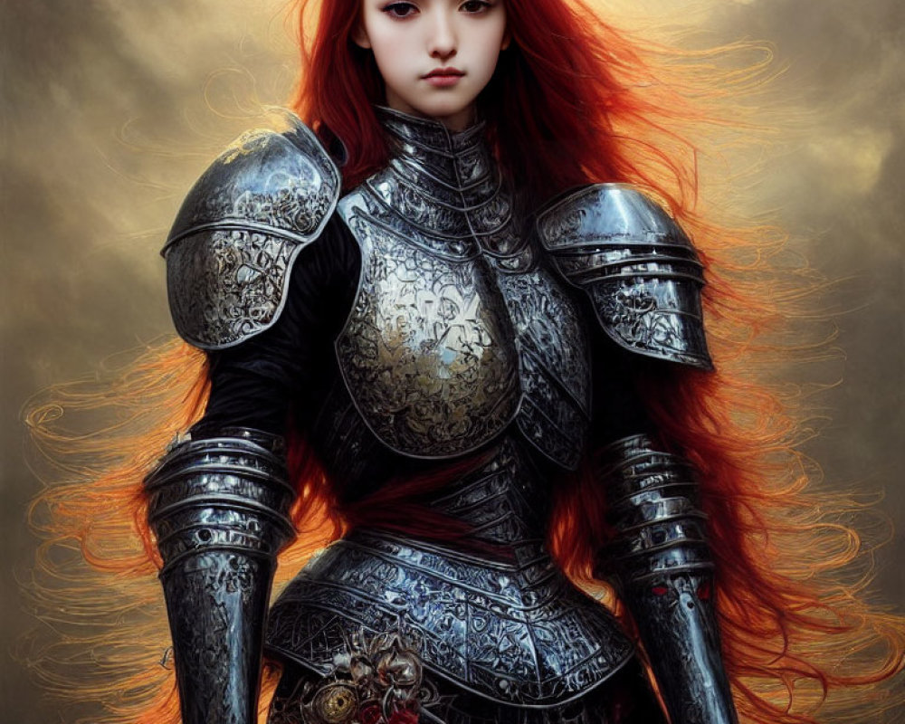 Striking red-haired woman in ornate black armor against cloudy backdrop