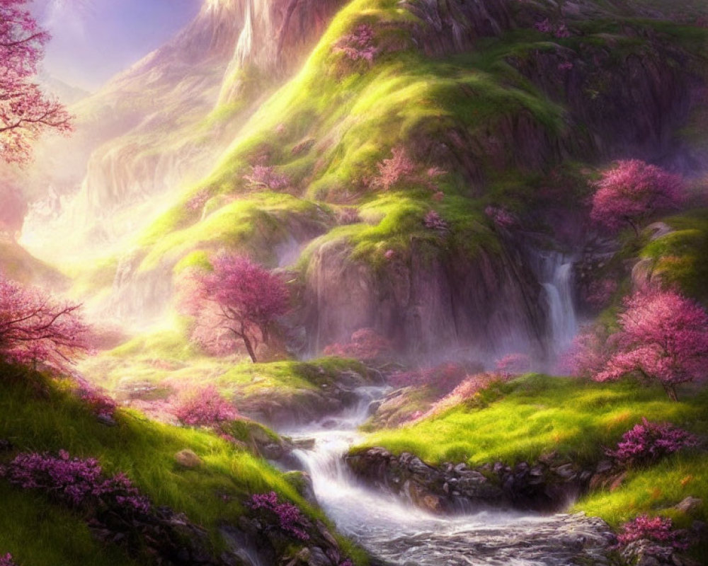 Lush fantasy landscape with waterfall and pink trees