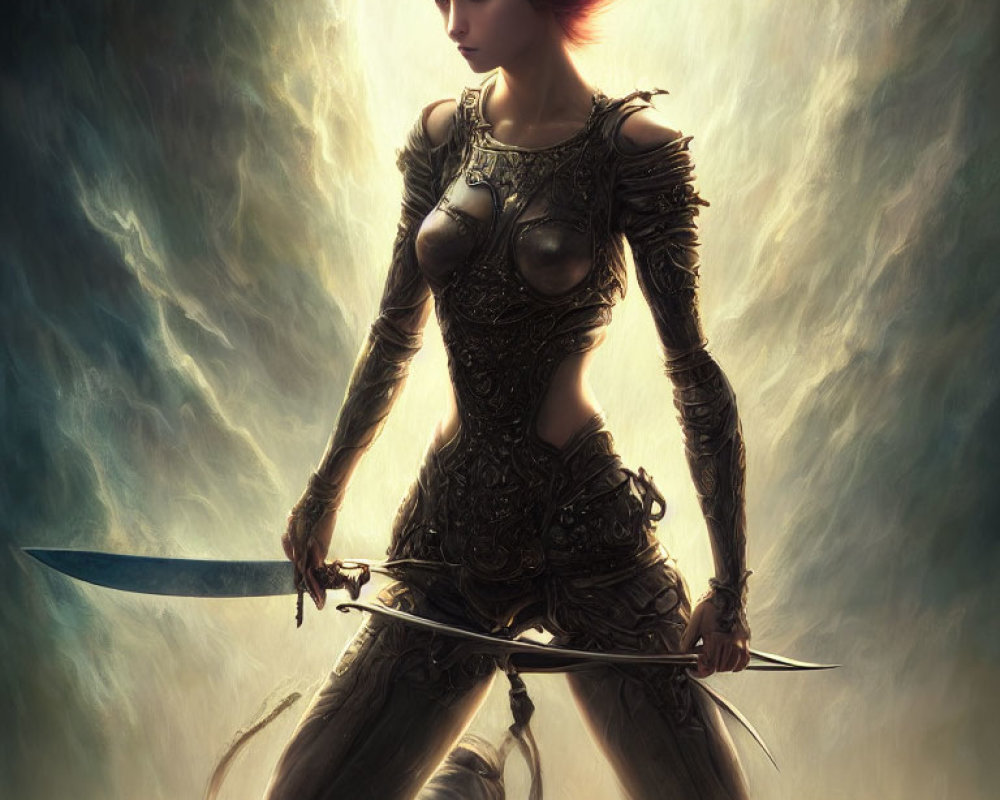 Female warrior in ornate armor wields swords against dramatic backdrop