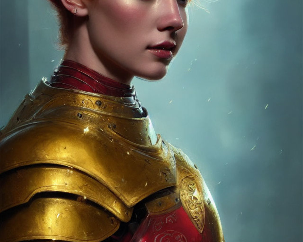 Fiery red-haired woman in golden-red armor against misty blue backdrop