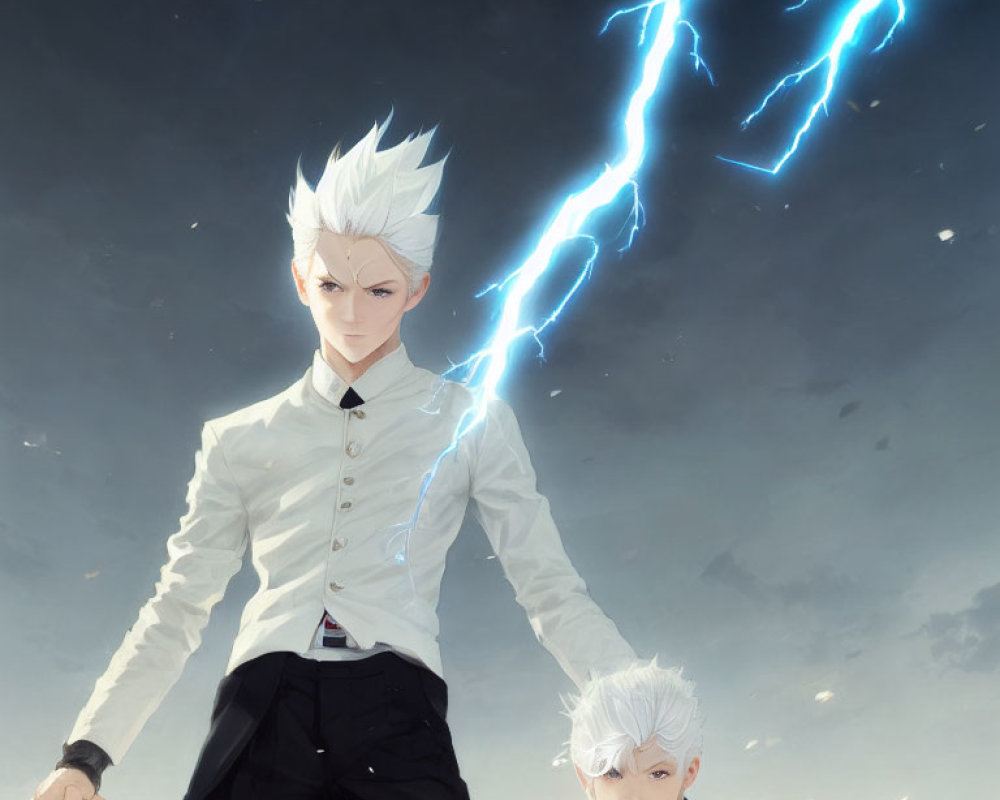 Stylized anime characters with white hair under a stormy sky