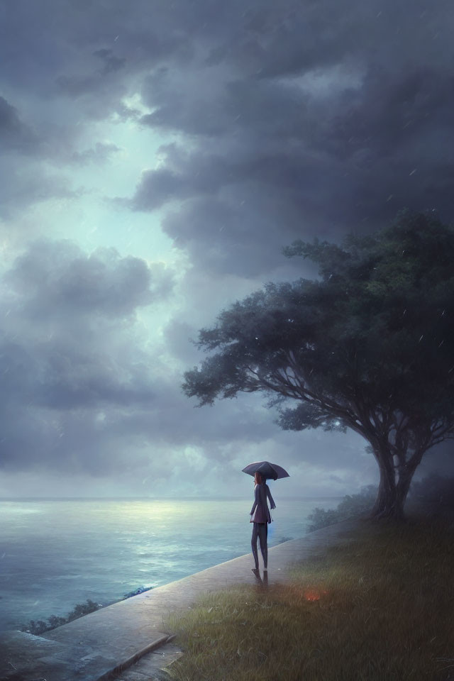 Person with umbrella by lakeside path under moody sky