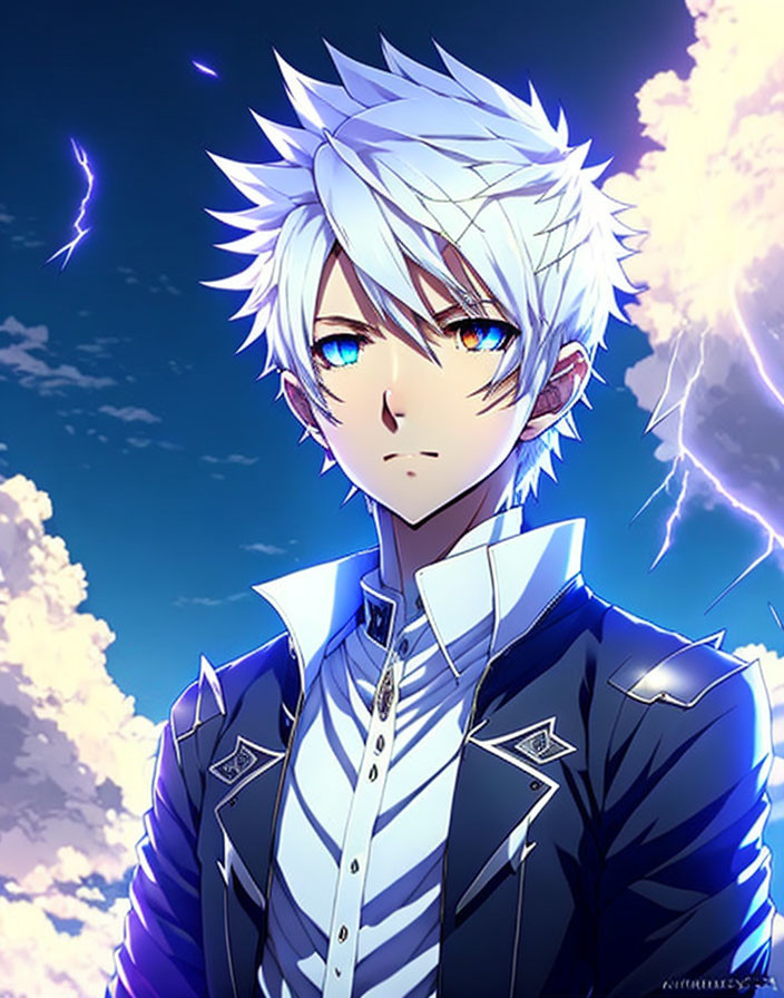 Spiky white-haired animated character in black and blue jacket, with heterochromic eyes,