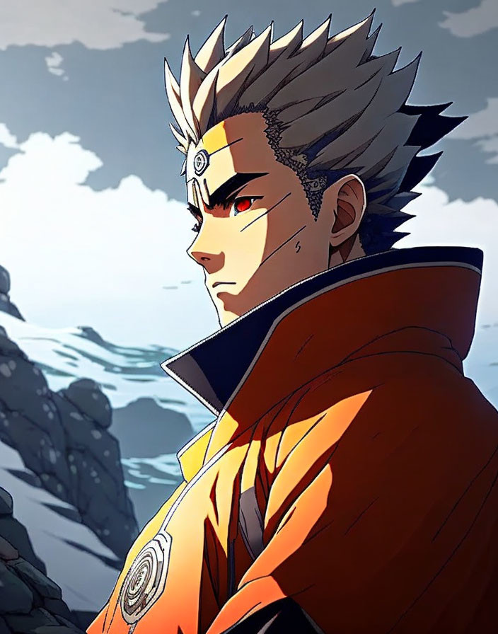 Spiky-haired animated character in orange jacket with headband and scar