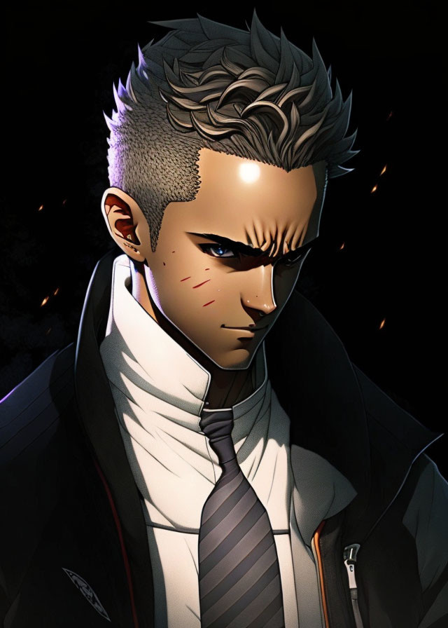 Illustration of stern male character with spiky hair, scars, black jacket, striped tie,